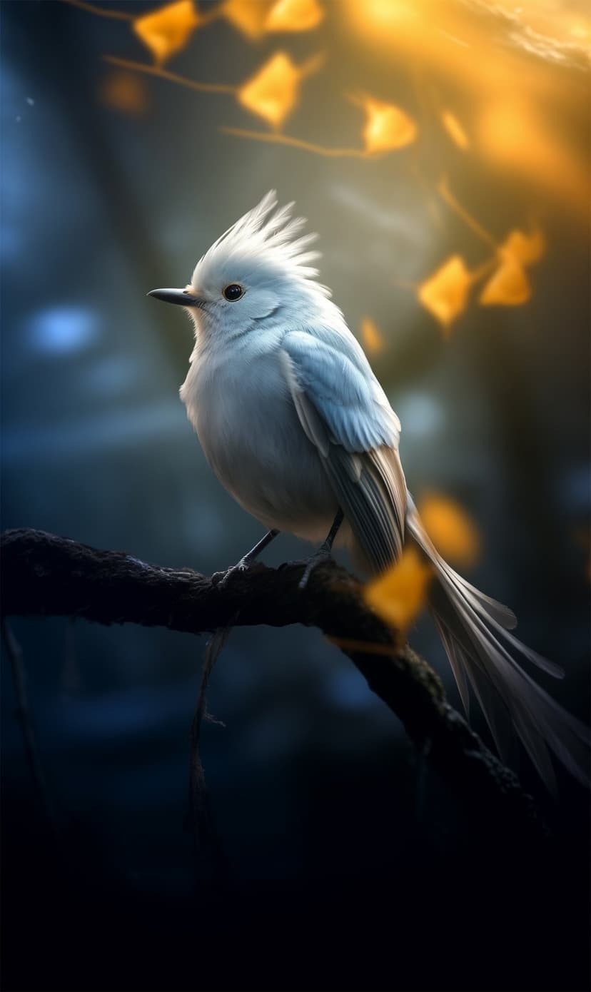 White crested bird perched on a dark branch surrounded by golden autumn leaves against a blue background.