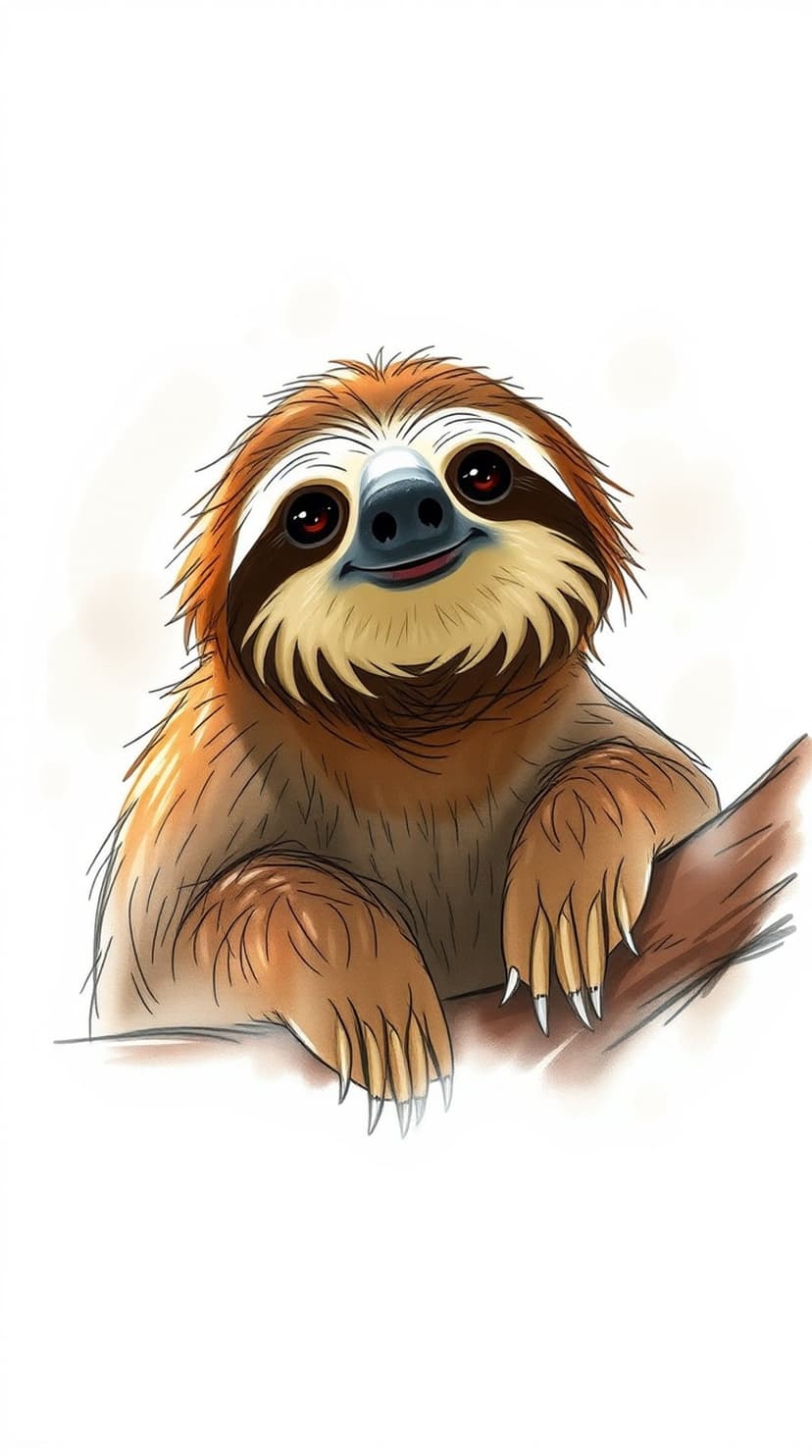 Brown sloth with a gentle smile and large red eyes clings to a textured branch against a soft background.