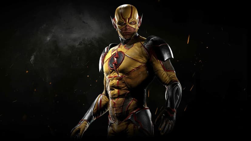 Reverse-Flash in yellow and black armor stands against a dark background with orange embers and smoke.