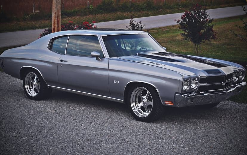 Silver 1970 Chevrolet Chevelle SS with black stripes parked on gravel with trees and a road in the background.