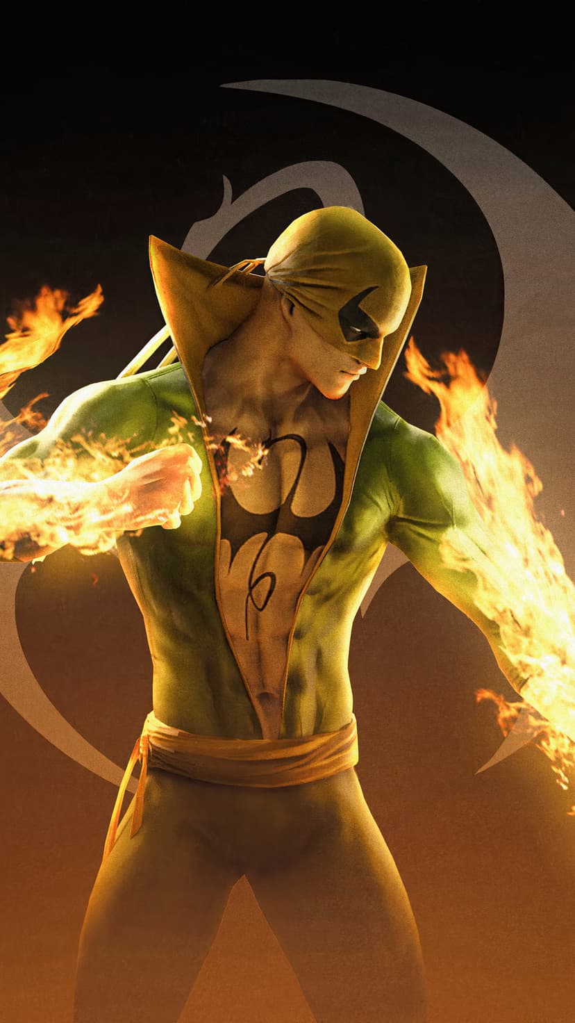 Iron Fist Danny Rand wears a green mask while channeling orange flames from his hands against a dark background.
