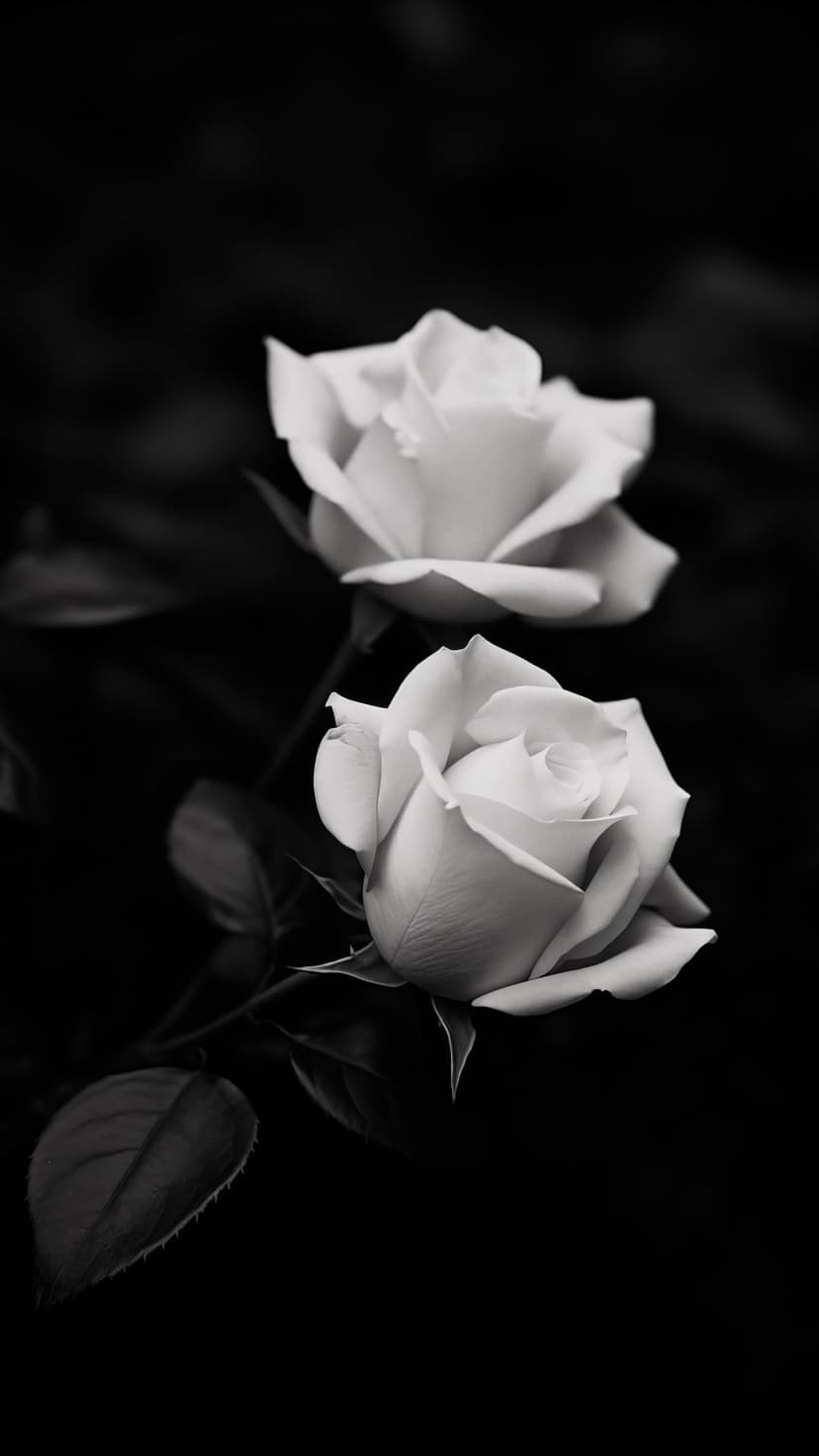 Two white roses with detailed petals bloom against a dark, blurred background in a grayscale composition.