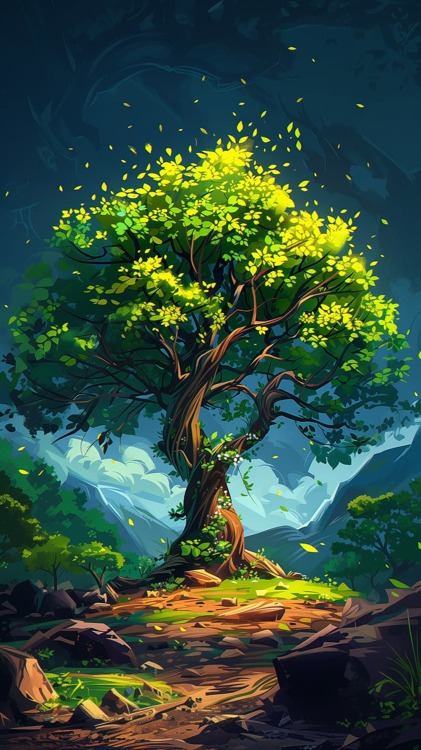 Vibrant tree with yellow leaves stands on a rocky hill in a forest with distant mountains under a dark sky.