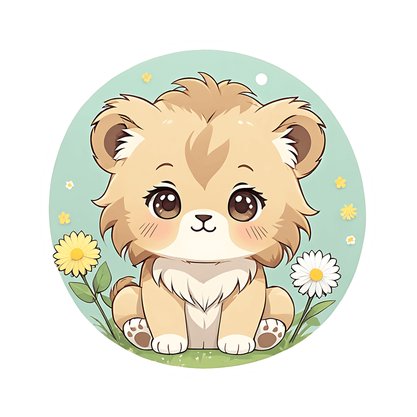 Lion cub sticker illustration shows a fluffy brown feline in green grass with white daisies on a teal background.