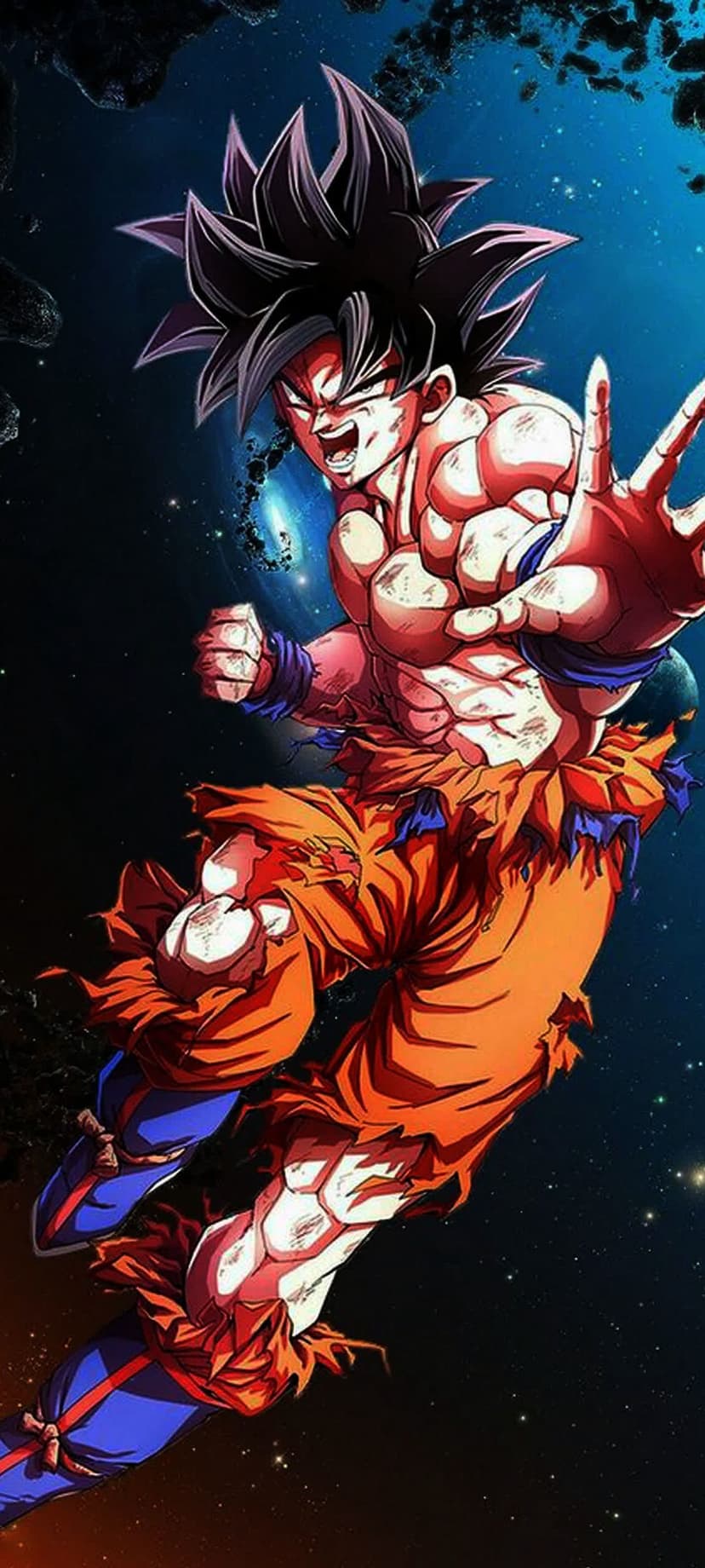 Goku in tattered orange clothing charges through a star-filled nebula with a focused, intense battle expression.