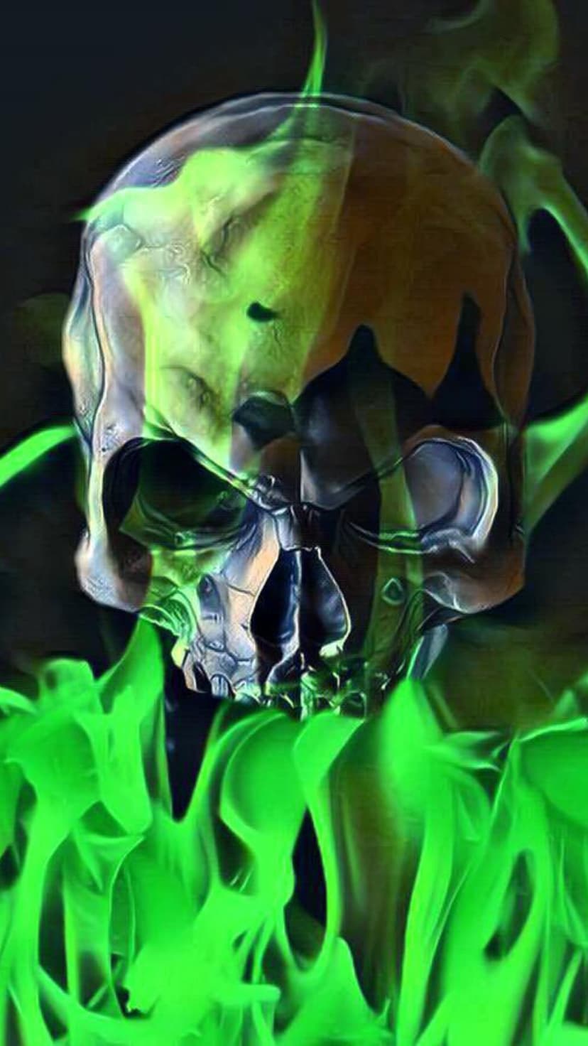 Human skull surrounded by vibrant neon green fire and swirling smoke against a dark, shadowy background.