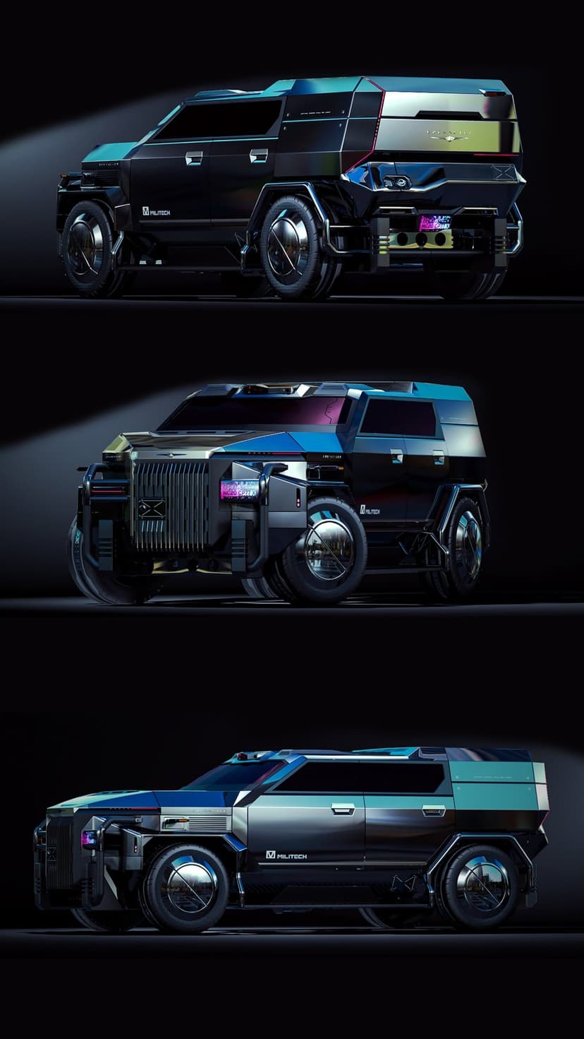 Armored SUV concepts with matte black plating, glowing LED strips, and reinforced frames in a dark setting.