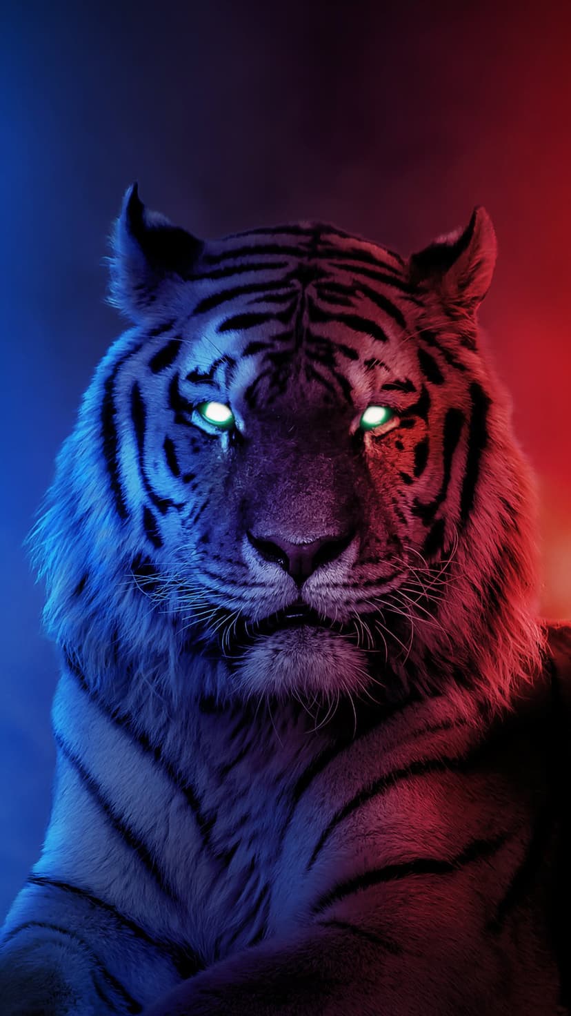 Tiger face with glowing green and blue eyes illuminated by contrasting red and blue light on dark striped fur.