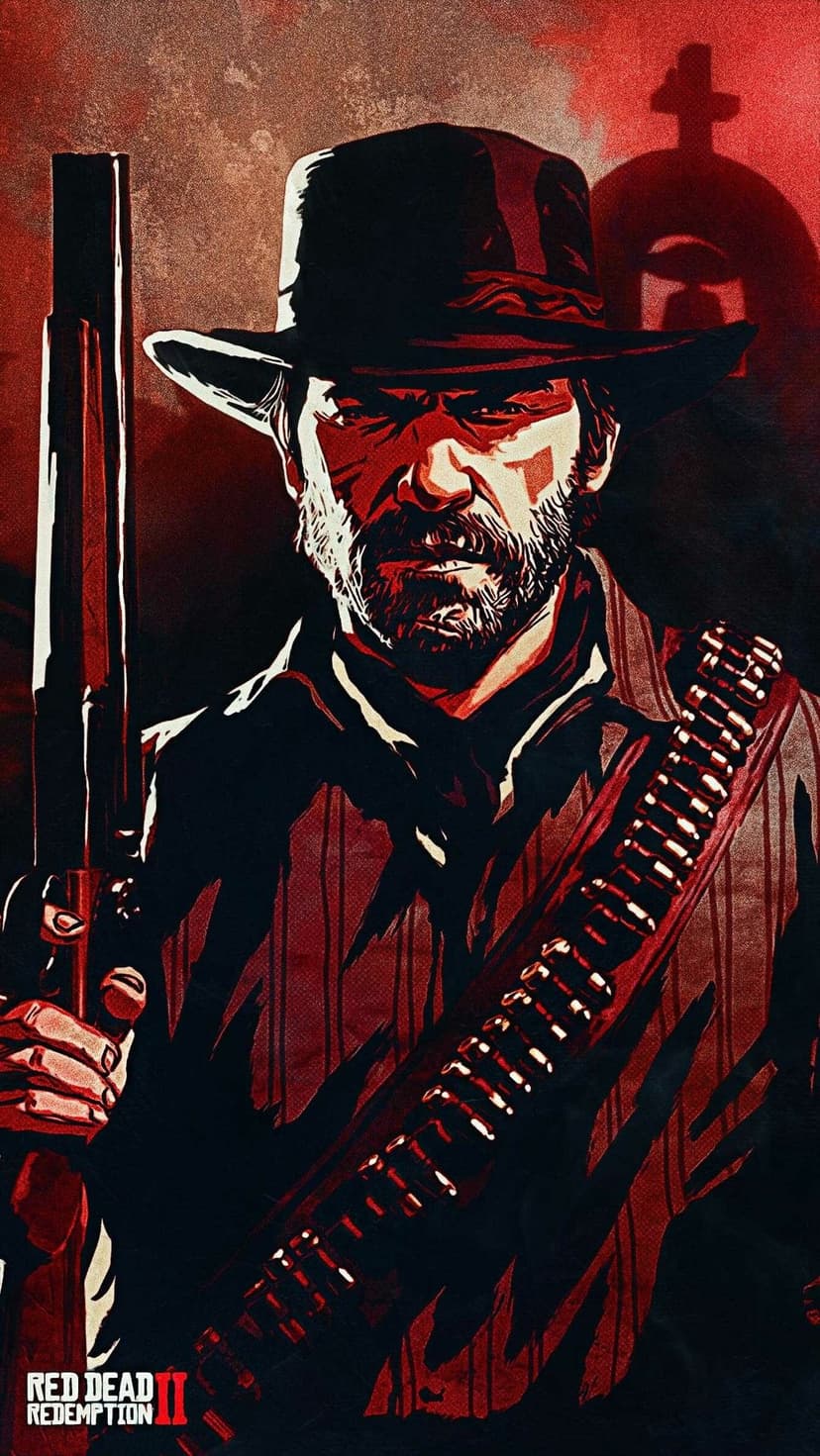 Arthur Morgan in a red and black graphic art style holding a shotgun and wearing a bandolier.