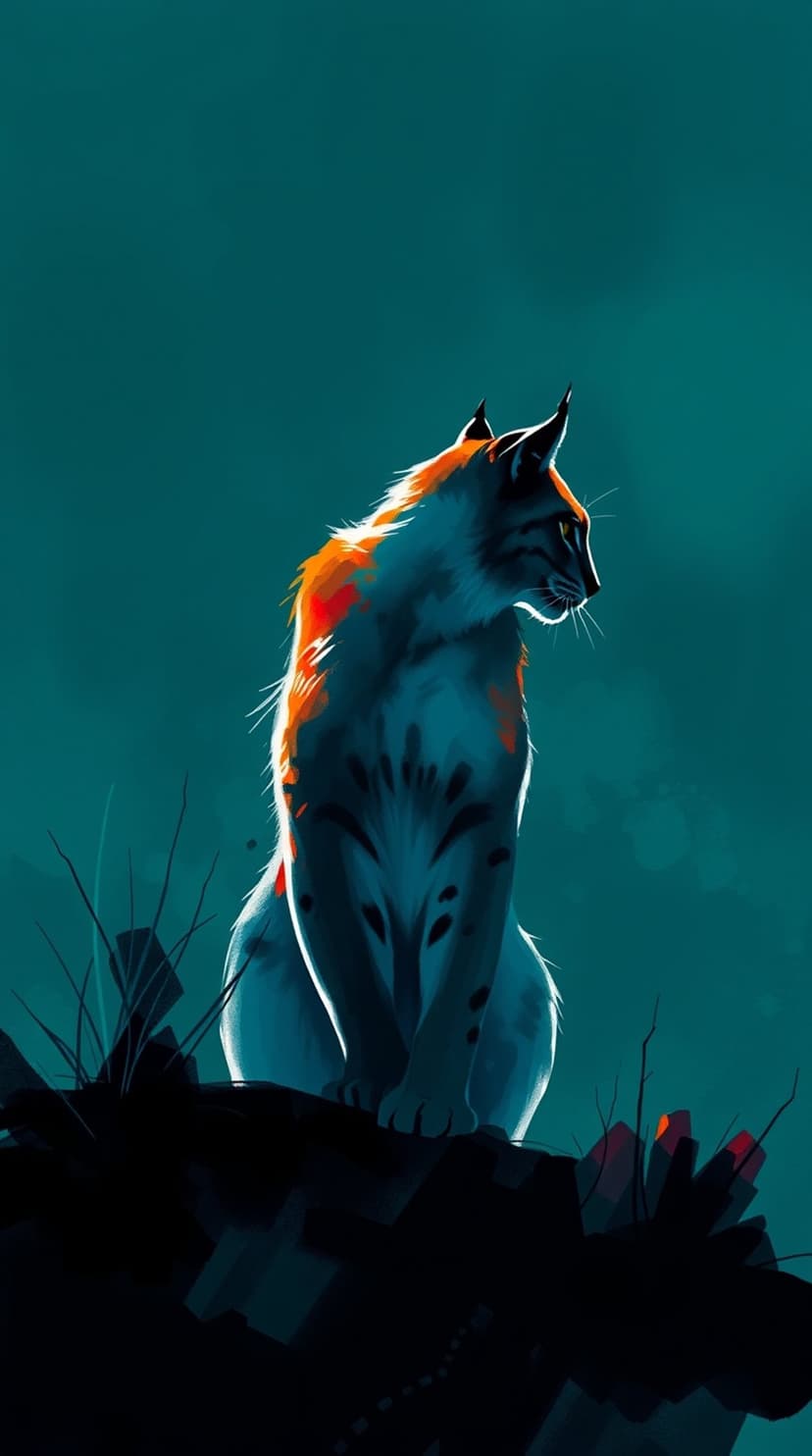 Lynx with pointed ears perches on a dark rock, illuminated by striking teal and orange light against a dim backdrop.