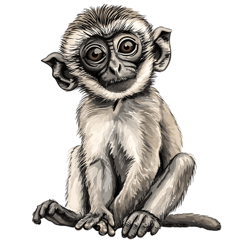 Baby monkey digital portrait featuring detailed brown fur and large expressive eyes in a seated front pose.