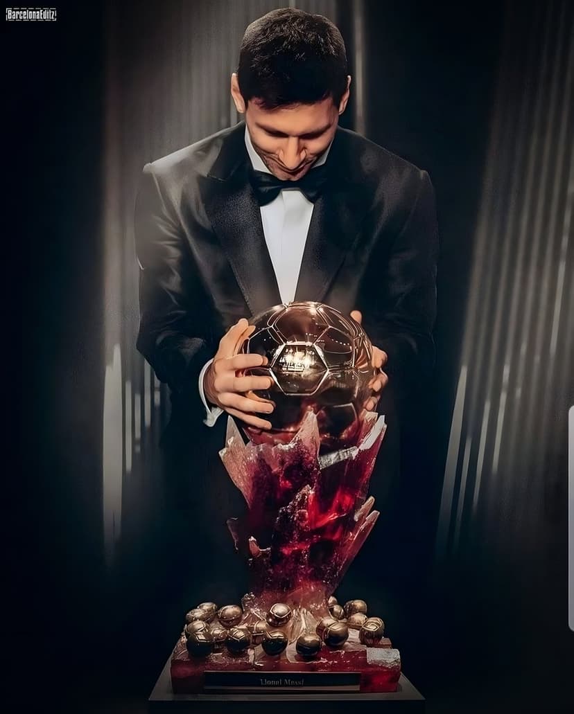 Lionel Messi in a tuxedo gazes at the golden Ballon d'Or trophy resting on a red and gold spherical pedestal.