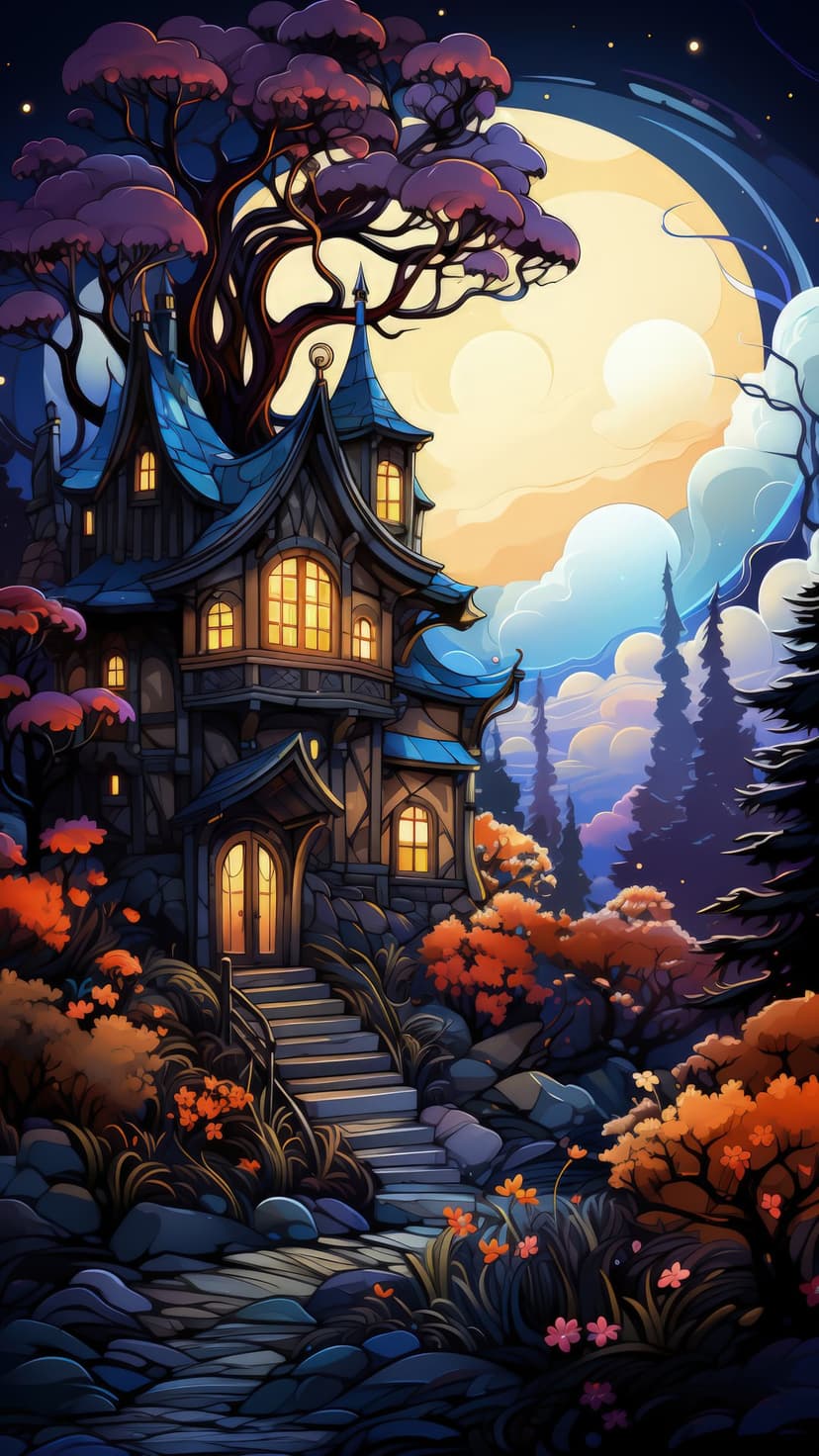 Multi-story stone cottage with glowing windows stands in a dark autumn forest under a giant white full moon.