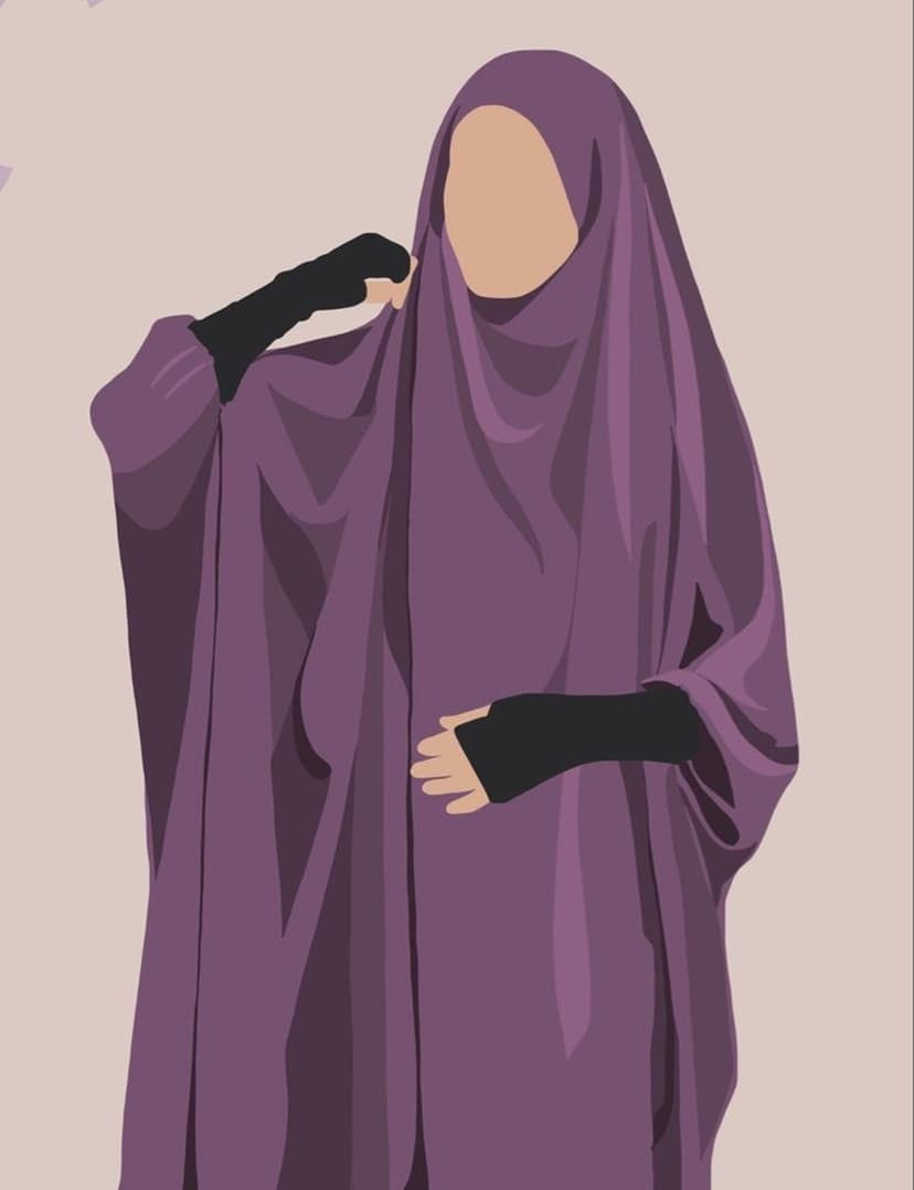Woman in a purple hijab and black sleeves adjusts her violet headscarf showing soft fabric drapes.