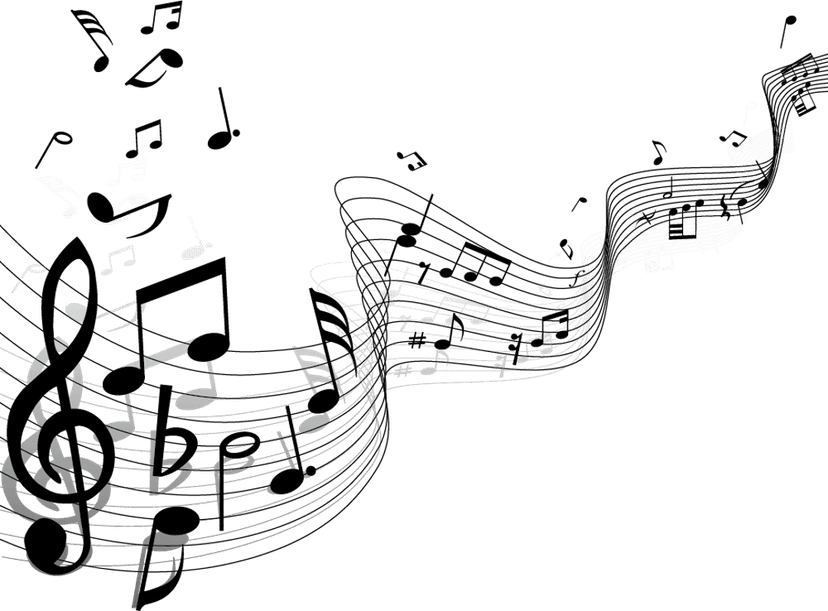 Musical staff notes and symbols appear in a crisp monochrome vector style on a transparent background.