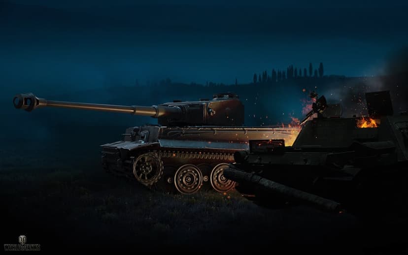 A German Tiger I tank on a misty night battlefield with a burning vehicle nearby and glowing embers.