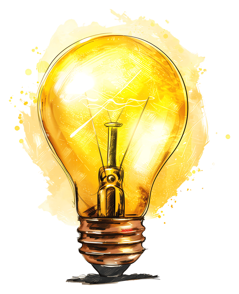 Yellow light bulb illustration featuring internal wire filaments and a silver screw base on a clear background.