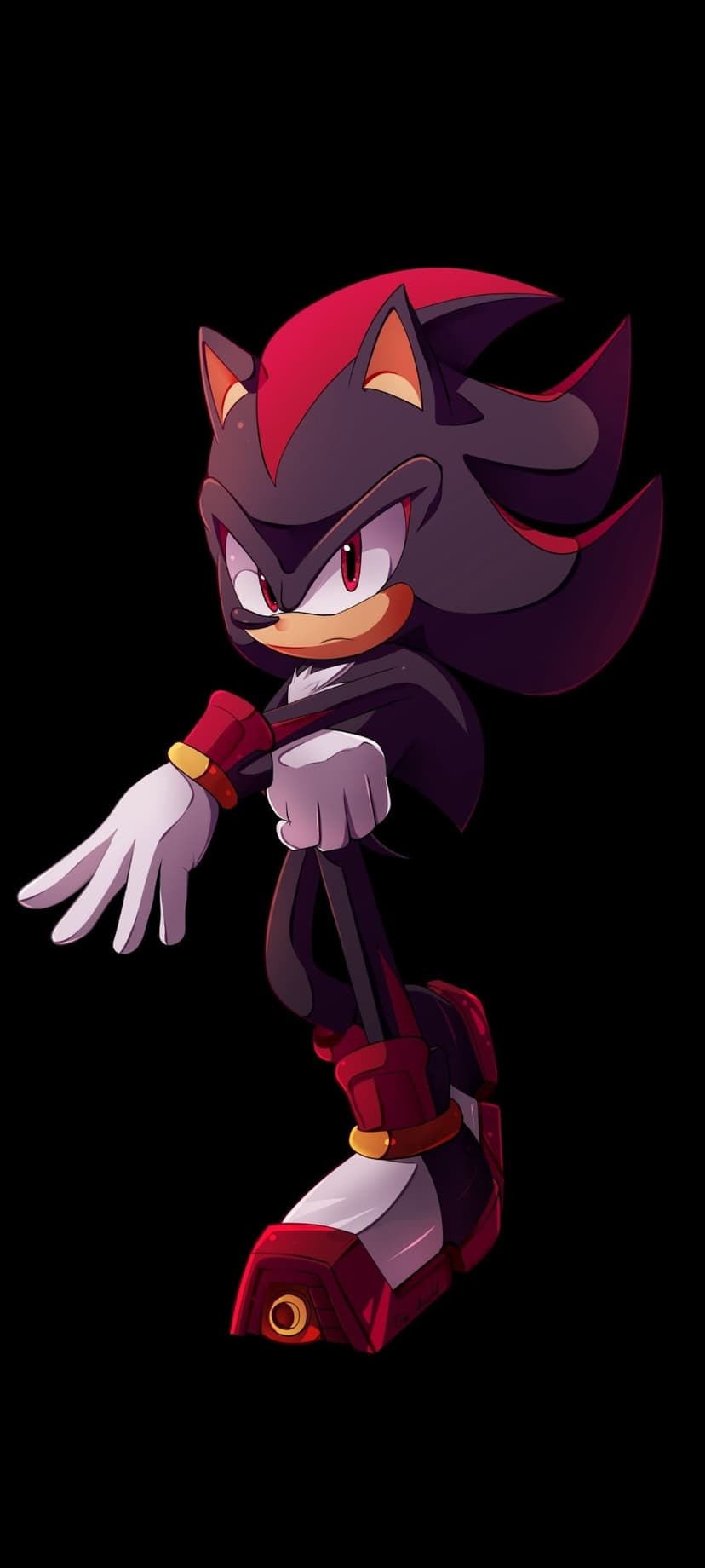 Shadow the Hedgehog stands in a crouched action pose with glowing red eyes against a solid black background.