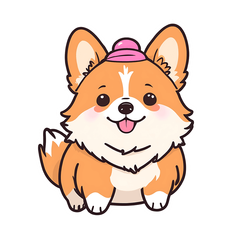 Corgi dog sticker illustration features orange and white fur with a pink hat in a front view sitting pose.