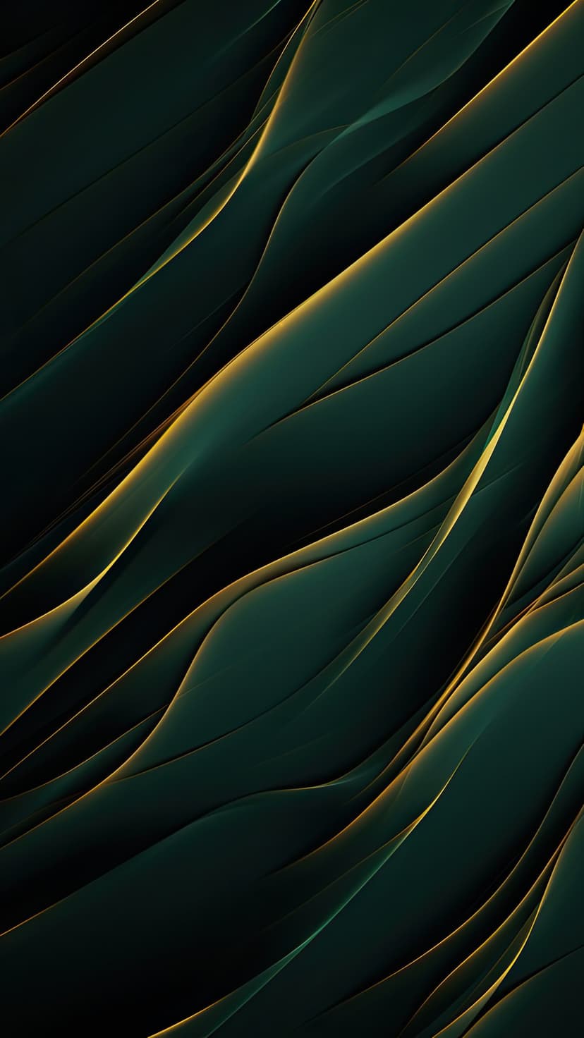 Undulating emerald green waves accented by thin, shimmering gold lines in a fluid vertical composition.