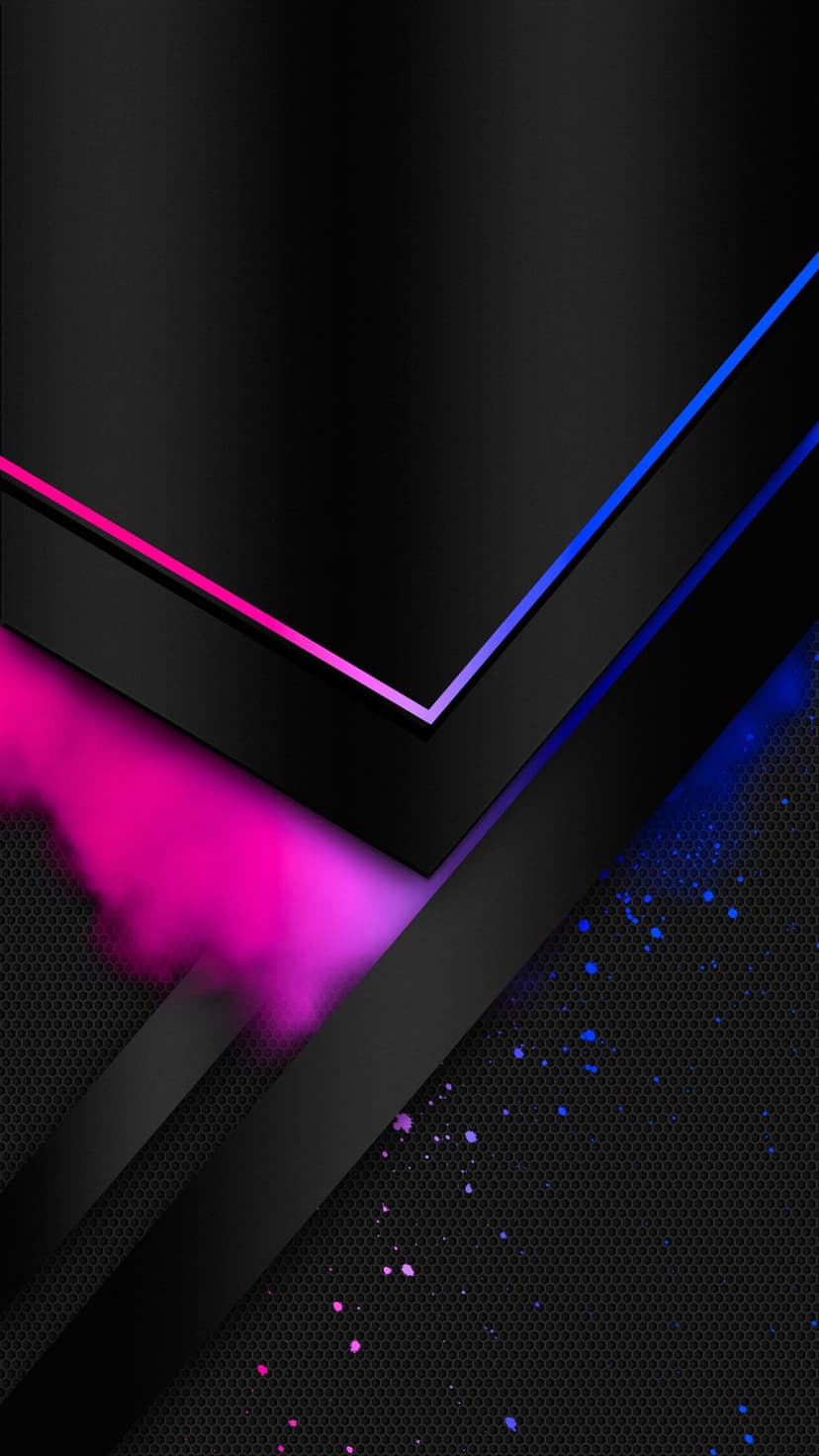 Neon pink and blue paint splatters over dark hexagonal patterns and sharp obsidian geometric shapes.
