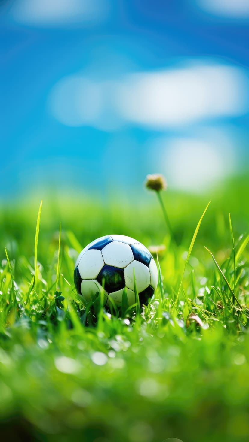 Soccer ball rests in vibrant green blades of grass against a blurred blue sky background with soft white clouds.