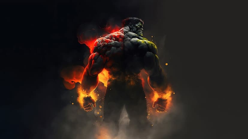 Hulk character with muscular green torso stands amidst orange flames and sparks in a comic digital painting.