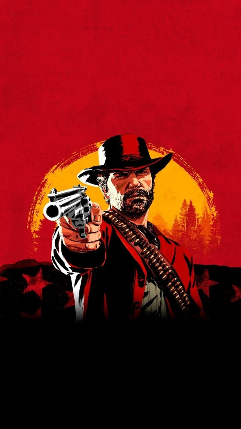 Arthur Morgan aims a revolver forward against a red background with a yellow sun and silhouettes.