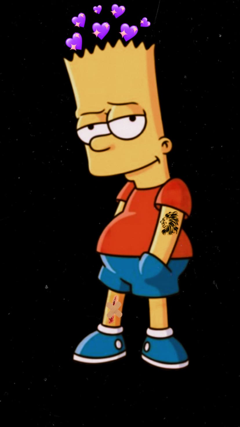 Bart Simpson stands with a lion tattoo, leg bandage, and purple hearts against a grainy black background.