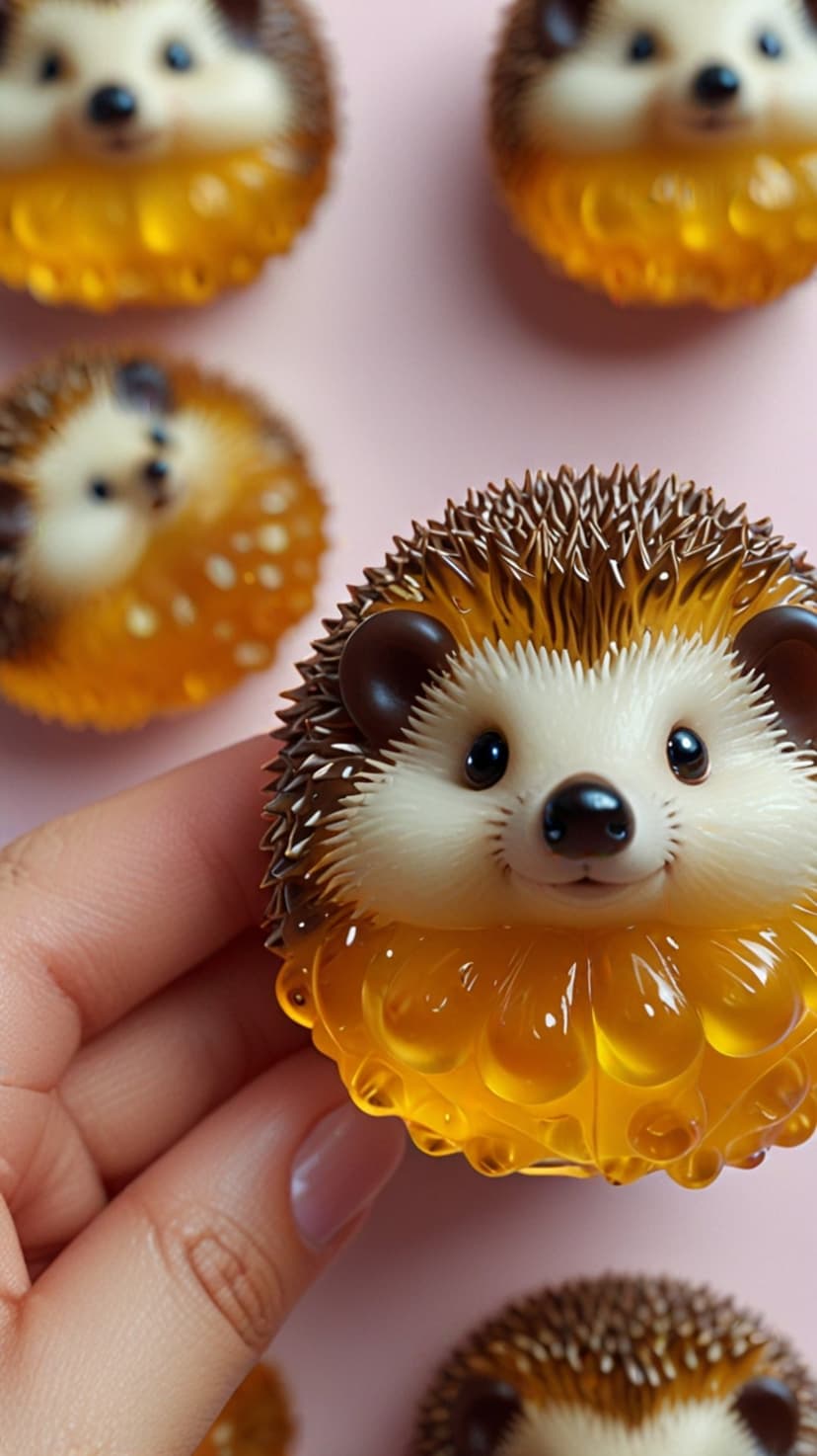 Hedgehog candies featuring golden honeycomb textures and detailed white faces displayed in a close-up shot.