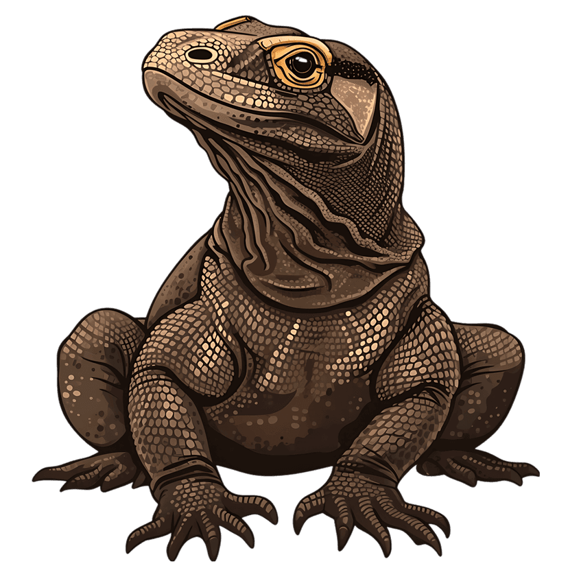 Komodo dragon with detailed grey scales and golden eyes stands against a dark background in a realistic style.