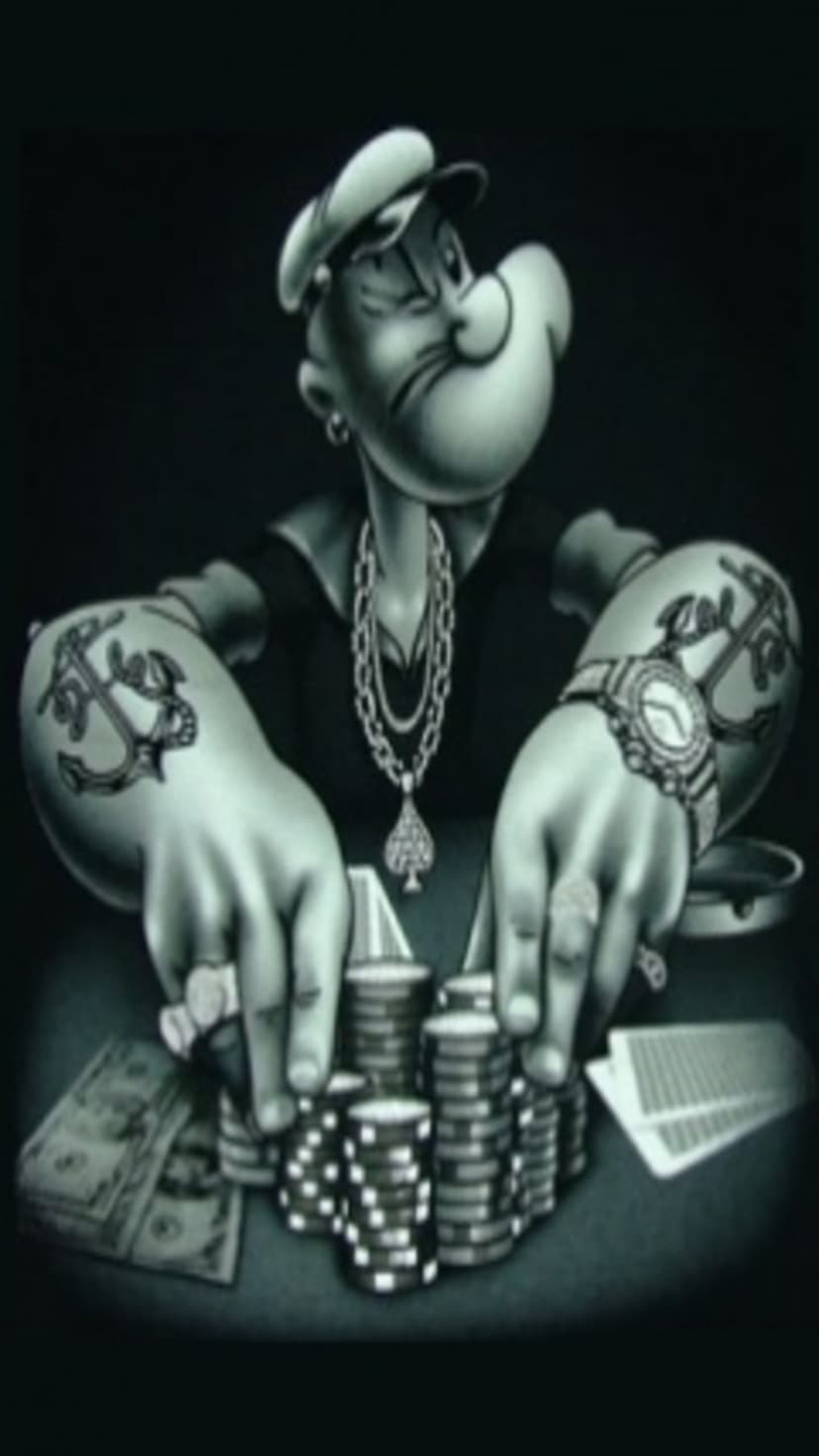 Popeye the Sailor wearing gold chains and tattoos while playing poker at a table with cash and gambling chips.