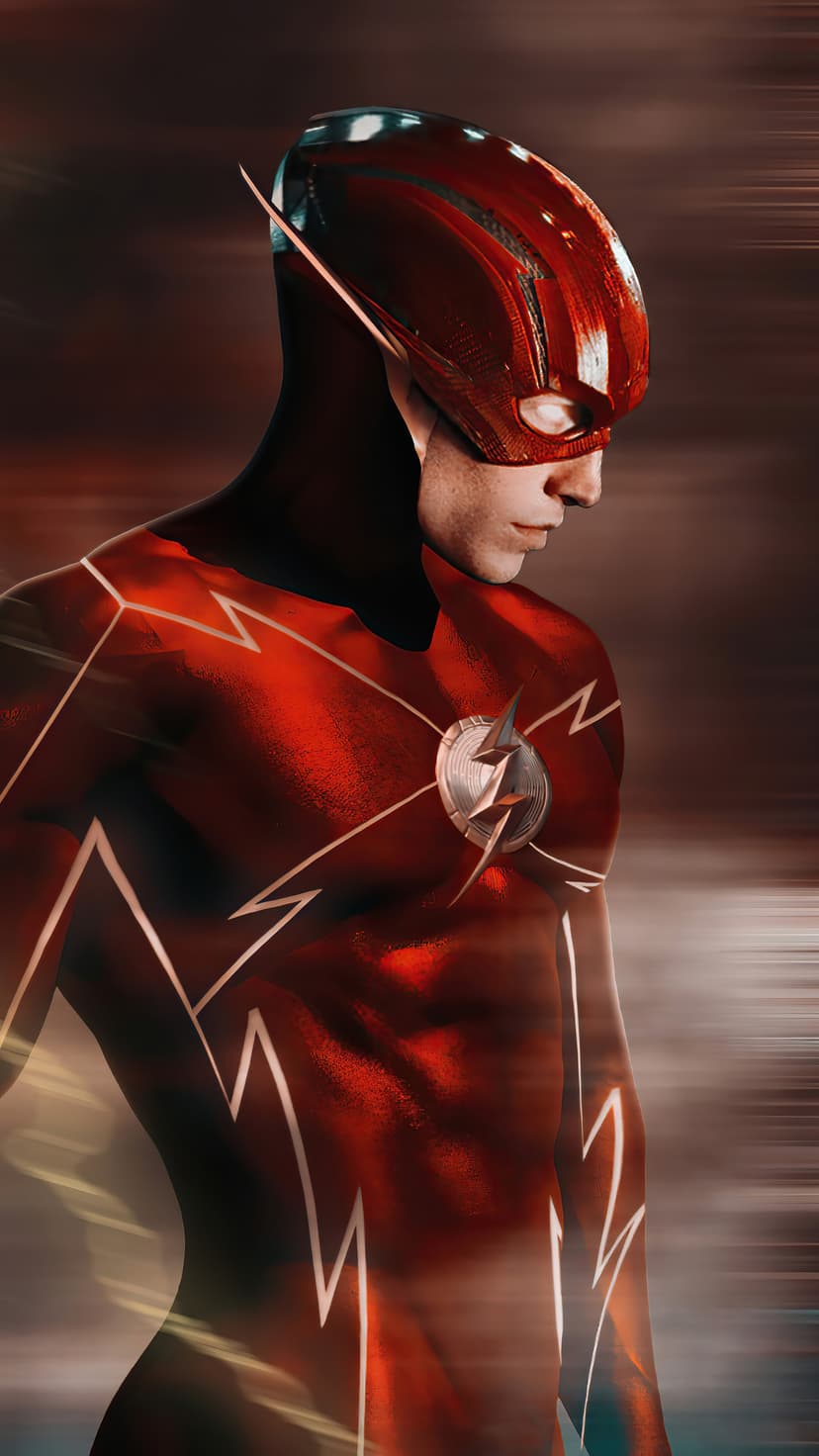 The Flash in a red suit with glowing white lightning accents runs through blurred streaks of yellow and white light.