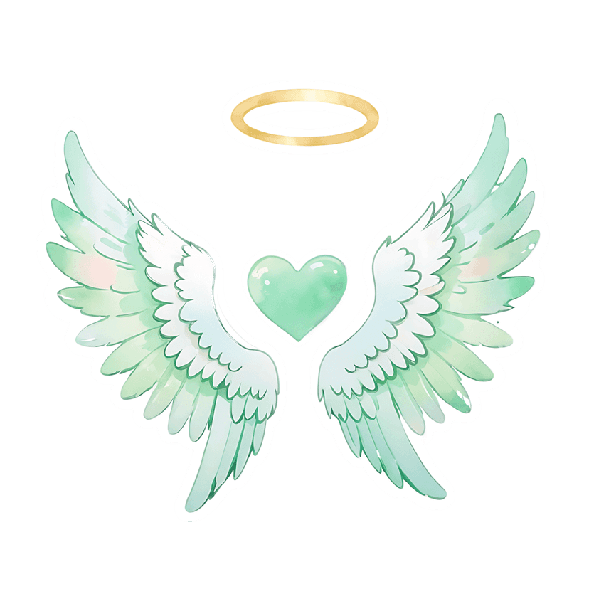 Mint green angel wings watercolor sticker featuring a central green heart and golden halo with white outline.