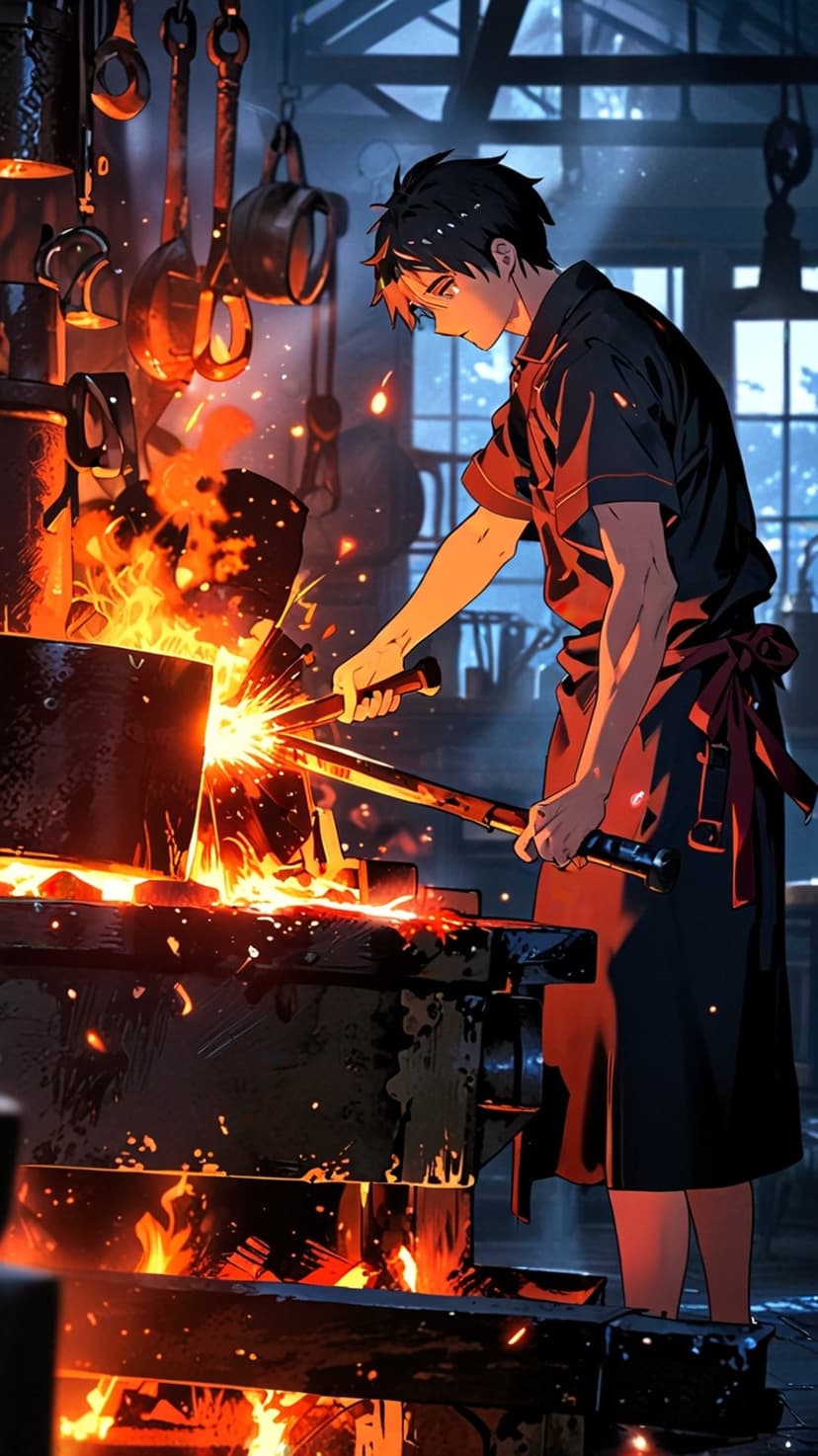 Blacksmith hammers glowing orange metal on an anvil while sparks fly in a dark, atmospheric rustic workshop.
