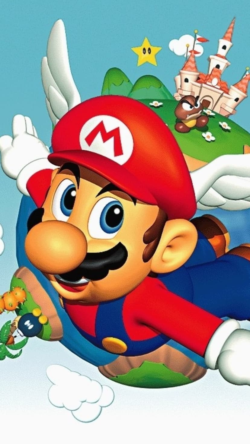 Mario with white feathered wings flies through a blue sky above a castle, Goombas, and a yellow Power Star.