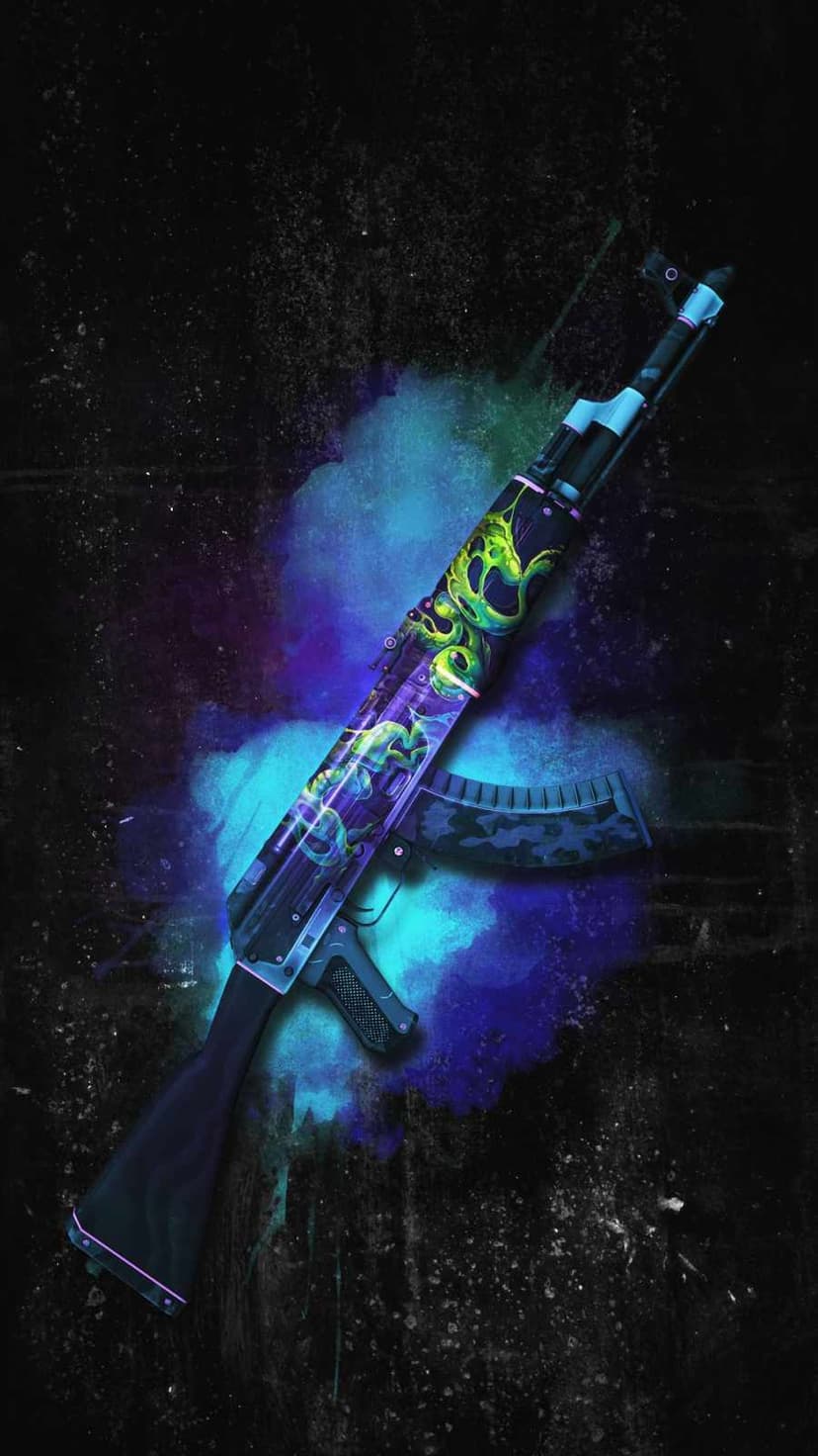AK-47 rifle with glowing neon dragon skin in purple and green hues against a dark textured background.