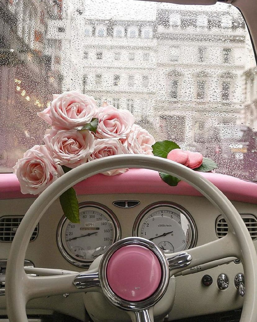 Pink roses and macarons on a rainy car dashboard against a blurred European building in this vertical view.