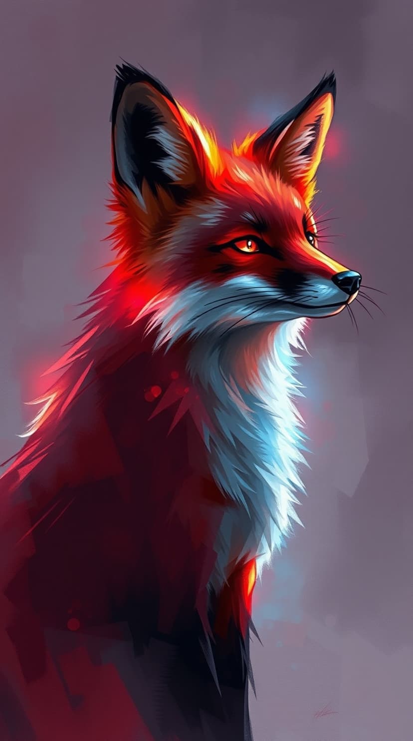 Red fox with glowing orange eyes and blue-tipped fur stares forward against a soft purple-grey background.