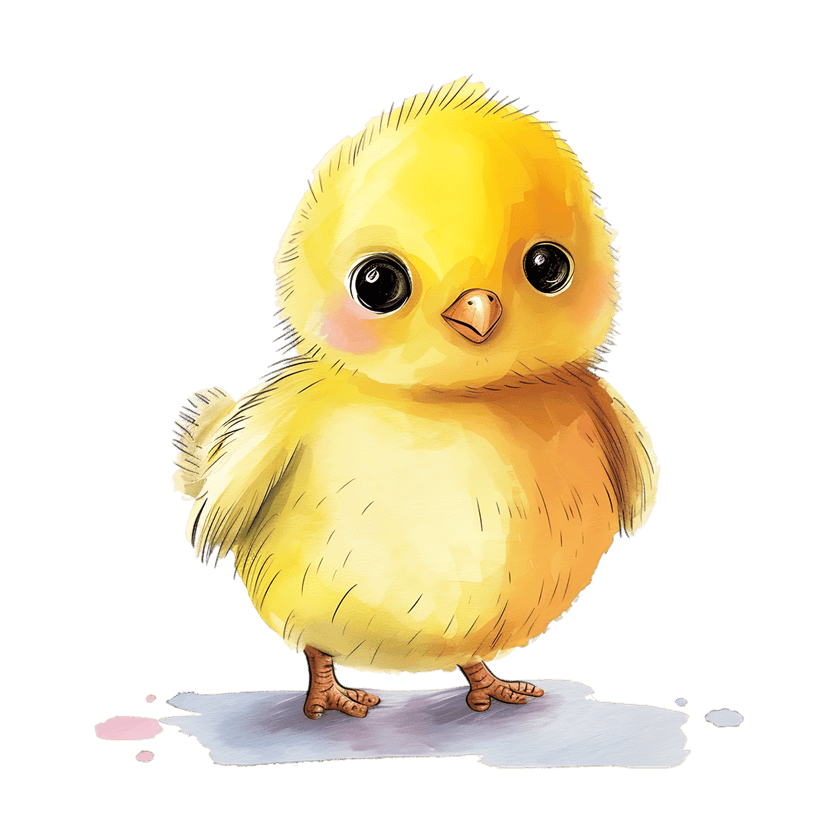 Yellow chick watercolor illustration featuring fluffy down feathers standing on a blue and pink paint wash.