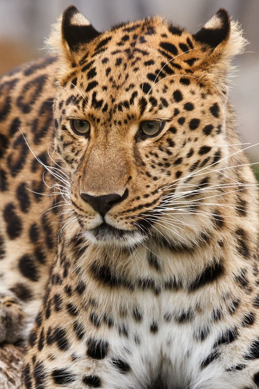 Amur leopard face with emerald eyes, prominent white whiskers, and black rosettes on golden spotted fur.
