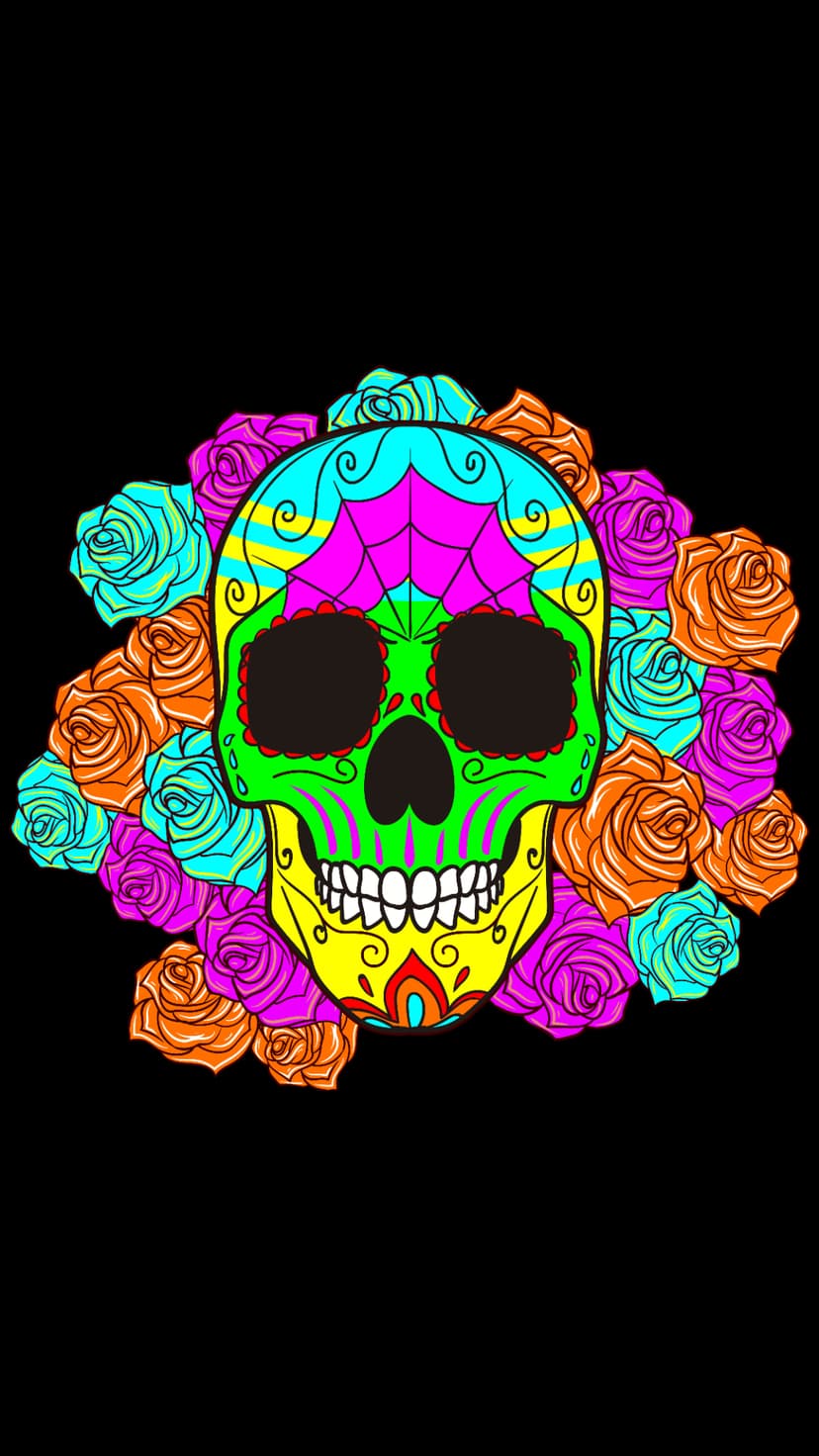 Sugar skull with intricate pink and blue patterns is surrounded by a halo of orange and magenta roses on black.