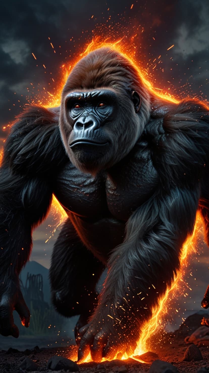 Silverback gorilla radiates intense orange flames and floating sparks amidst a dark, swirling cloudy sky.