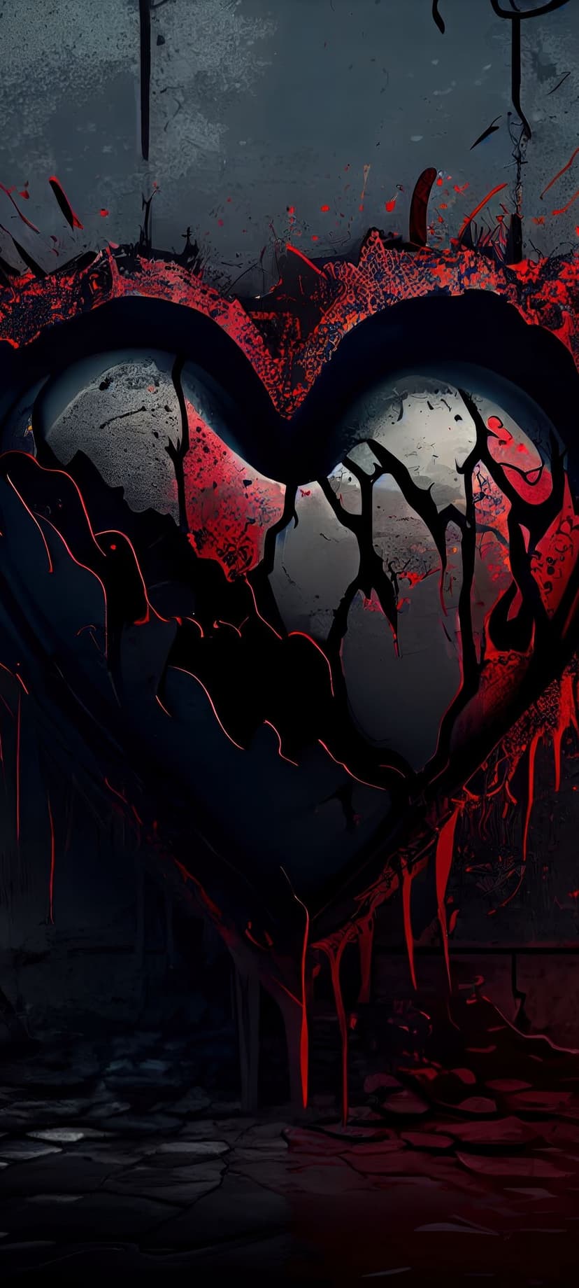 Fractured human heart seeping dark crimson fluid from jagged cracks against a shadowy, high-contrast background.
