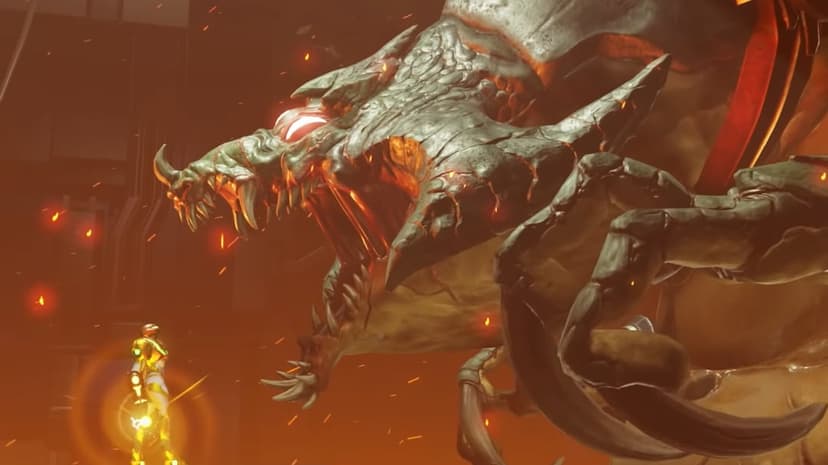 Samus Aran in power suit facing the giant roaring boss Kraid amidst embers and intense orange lighting.