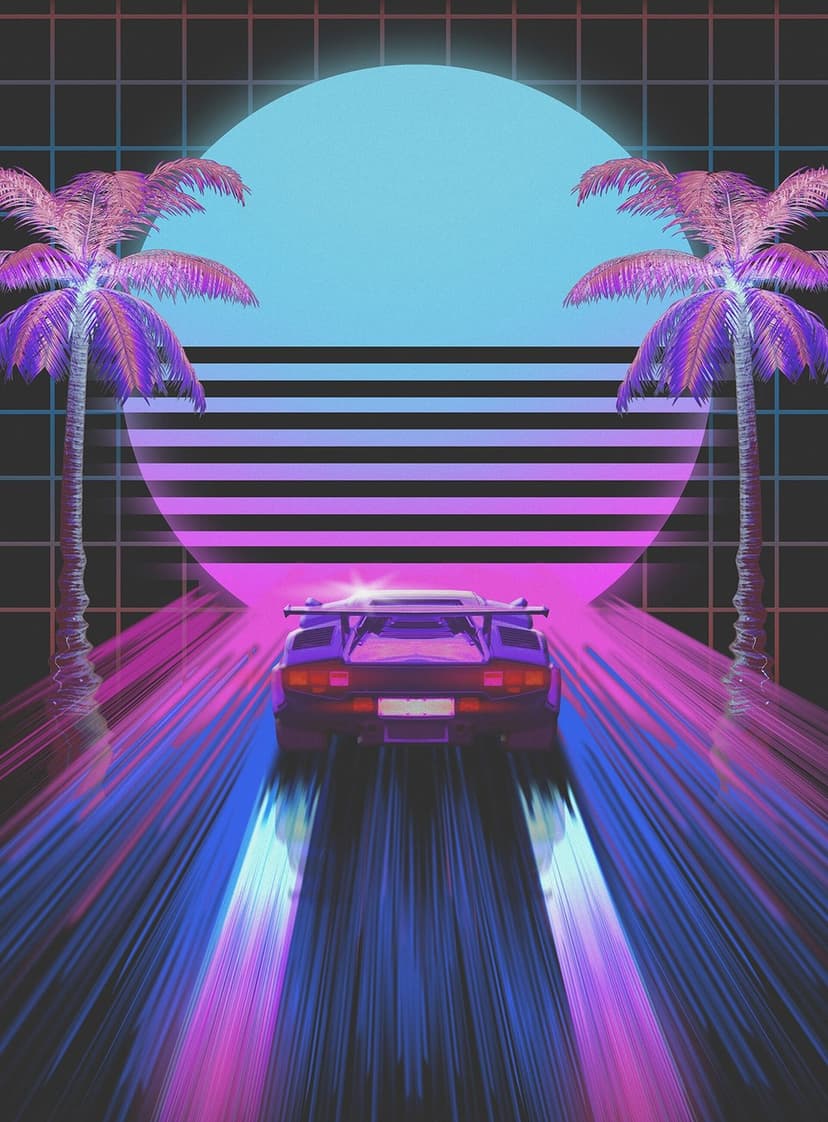 Purple sports car driving on a grid road toward a massive neon sun with silhouetted palm trees in the background.