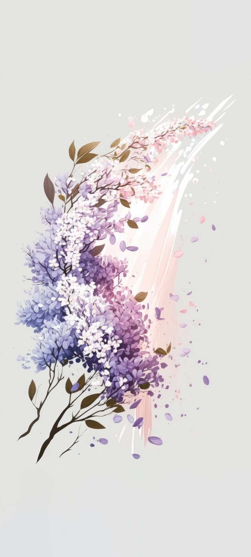 Purple lilac flowers on thin branches with drifting petals over a pink and white textured background.