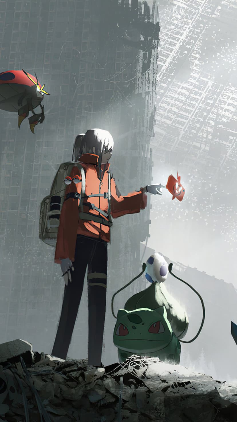 Stoic trainer with a Bulbasaur and floating Ledian walks through a desolate, crumbling futuristic city.