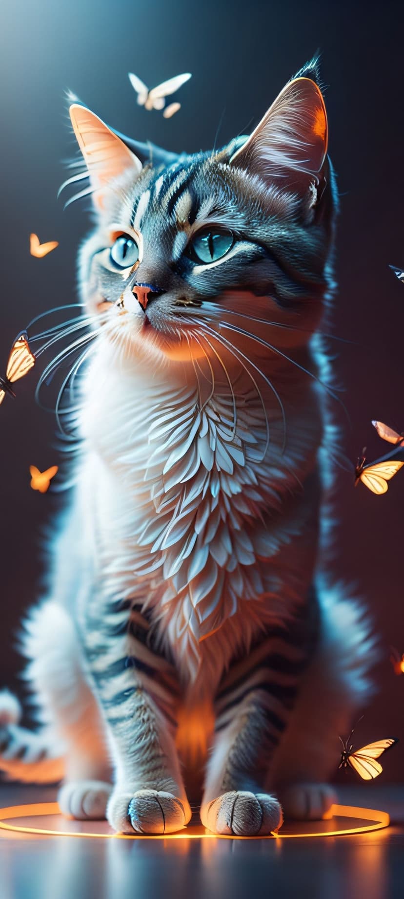 Tabby cat with blue eyes sits inside a glowing orange neon circle surrounded by luminous butterflies.