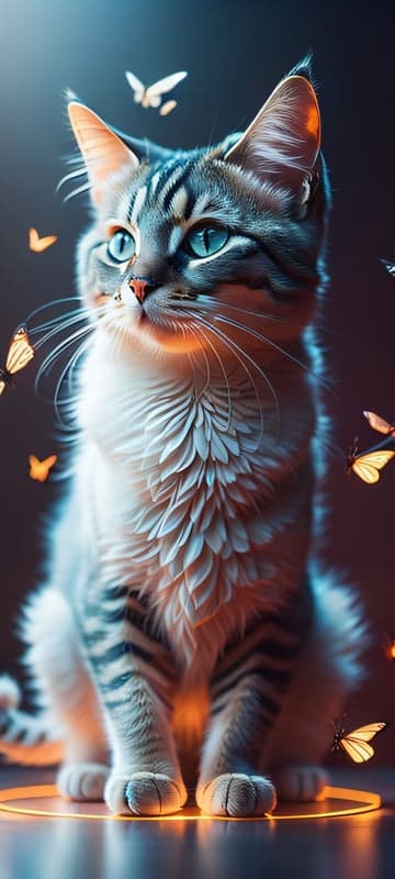 Enchanting Cat with Butterflies and Neon Light